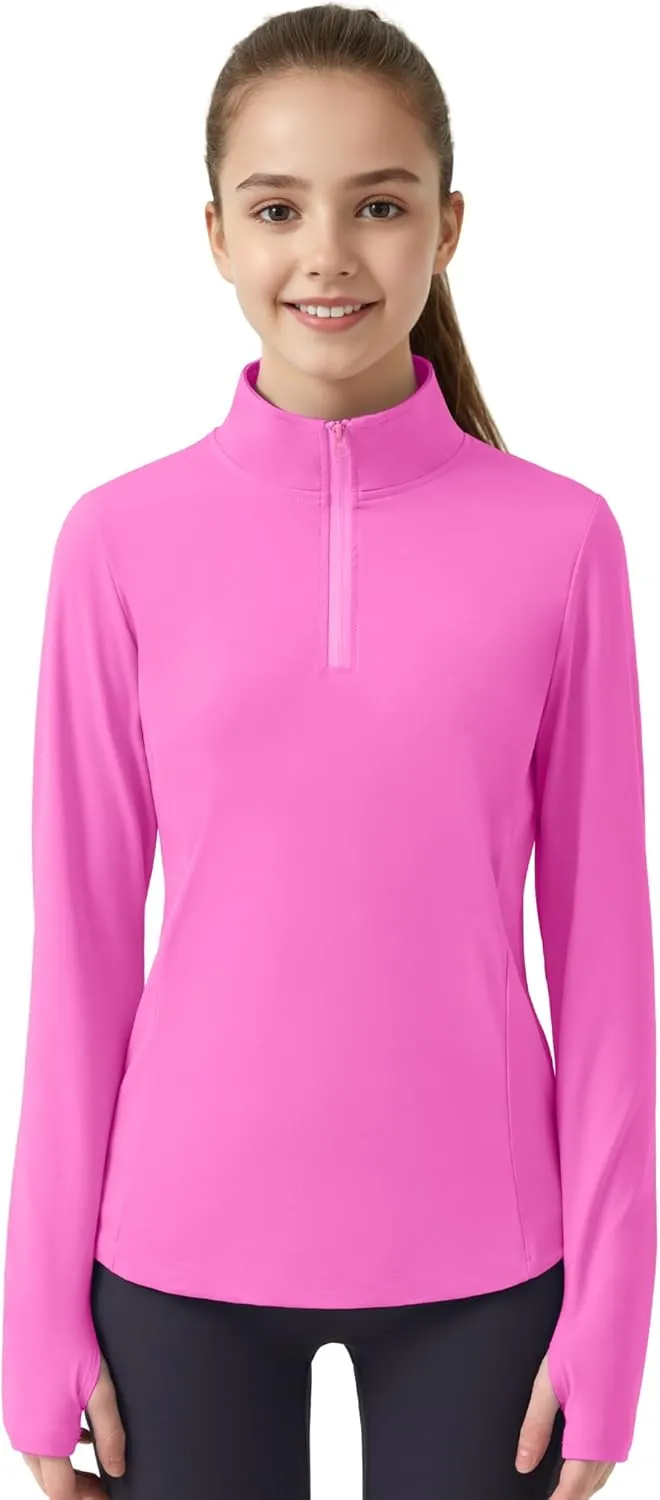 JOCMIC Girls Long Sleeve Shirts Athletic Equestrian Horse Riding Shirt with Pockets Thumhole Half Zip Workout Jacket for Golf