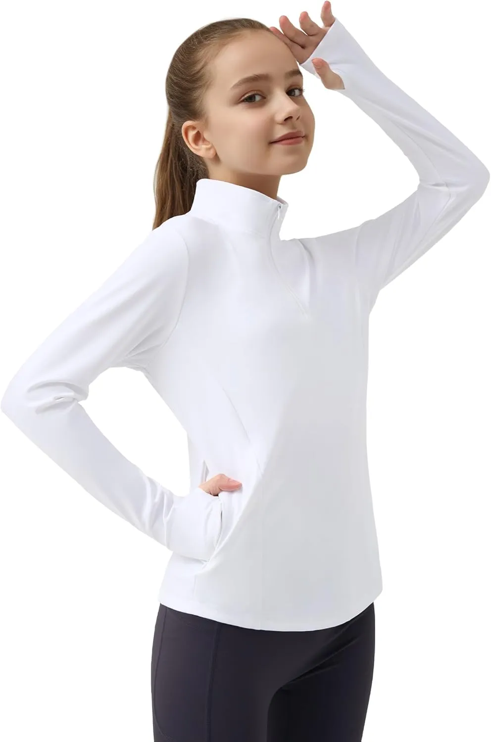 JOCMIC Girls Long Sleeve Shirts Athletic Equestrian Horse Riding Shirt with Pockets Thumhole Half Zip Workout Jacket for Golf