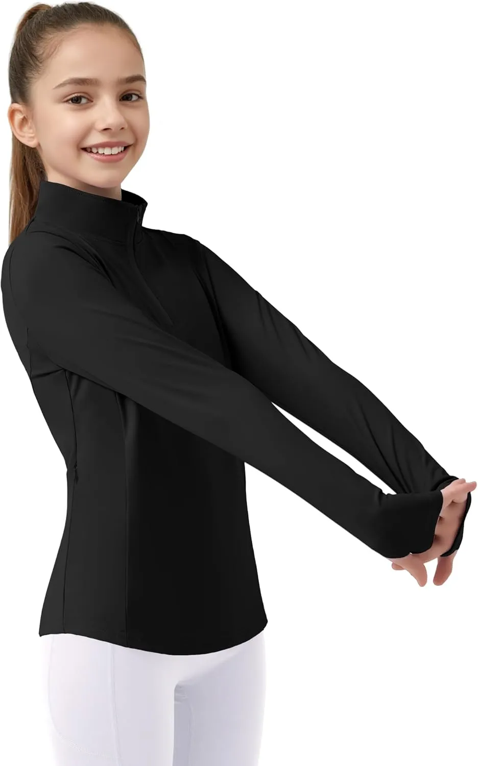 JOCMIC Girls Long Sleeve Shirts Athletic Equestrian Horse Riding Shirt with Pockets Thumhole Half Zip Workout Jacket for Golf