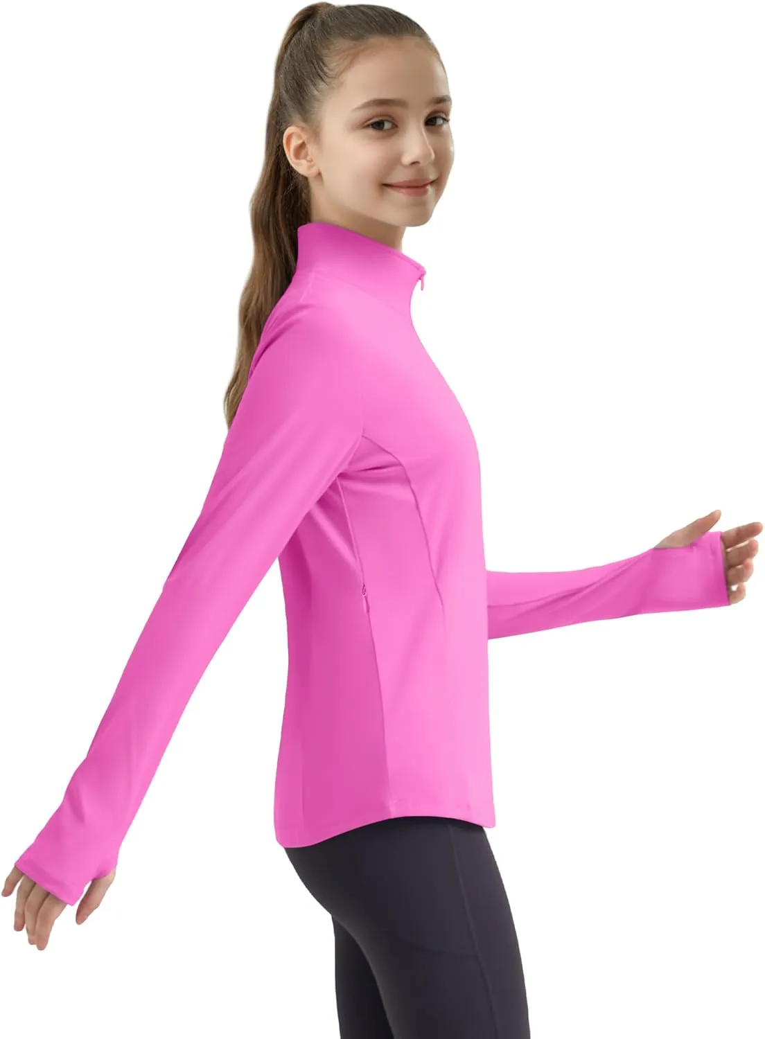 JOCMIC Girls Long Sleeve Shirts Athletic Equestrian Horse Riding Shirt with Pockets Thumhole Half Zip Workout Jacket for Golf