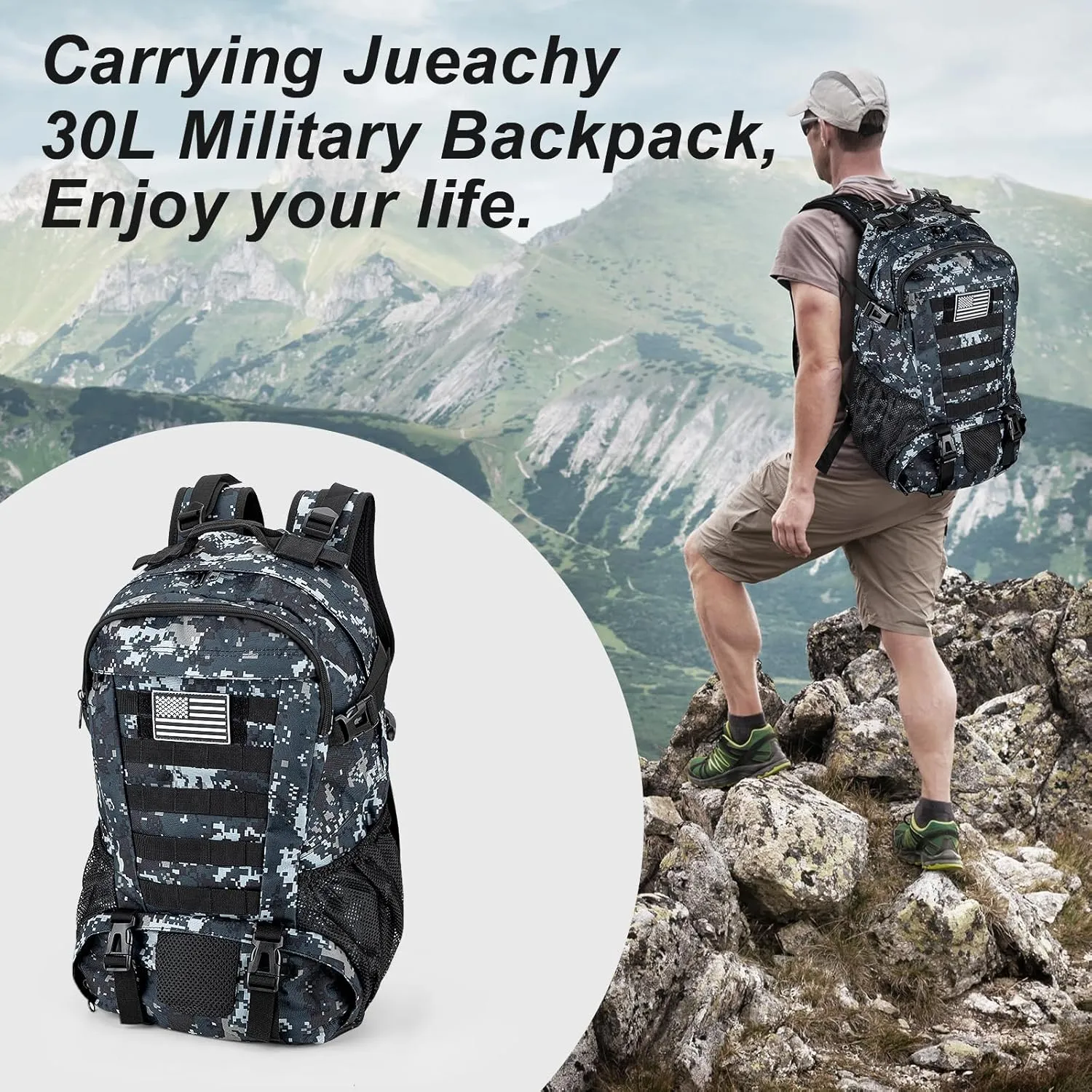 Jueachy Tactical Backpack for Men Hiking Day Pack Molle Military Rucksack Waterproof 30L EDC Bag with USA Flag Patch