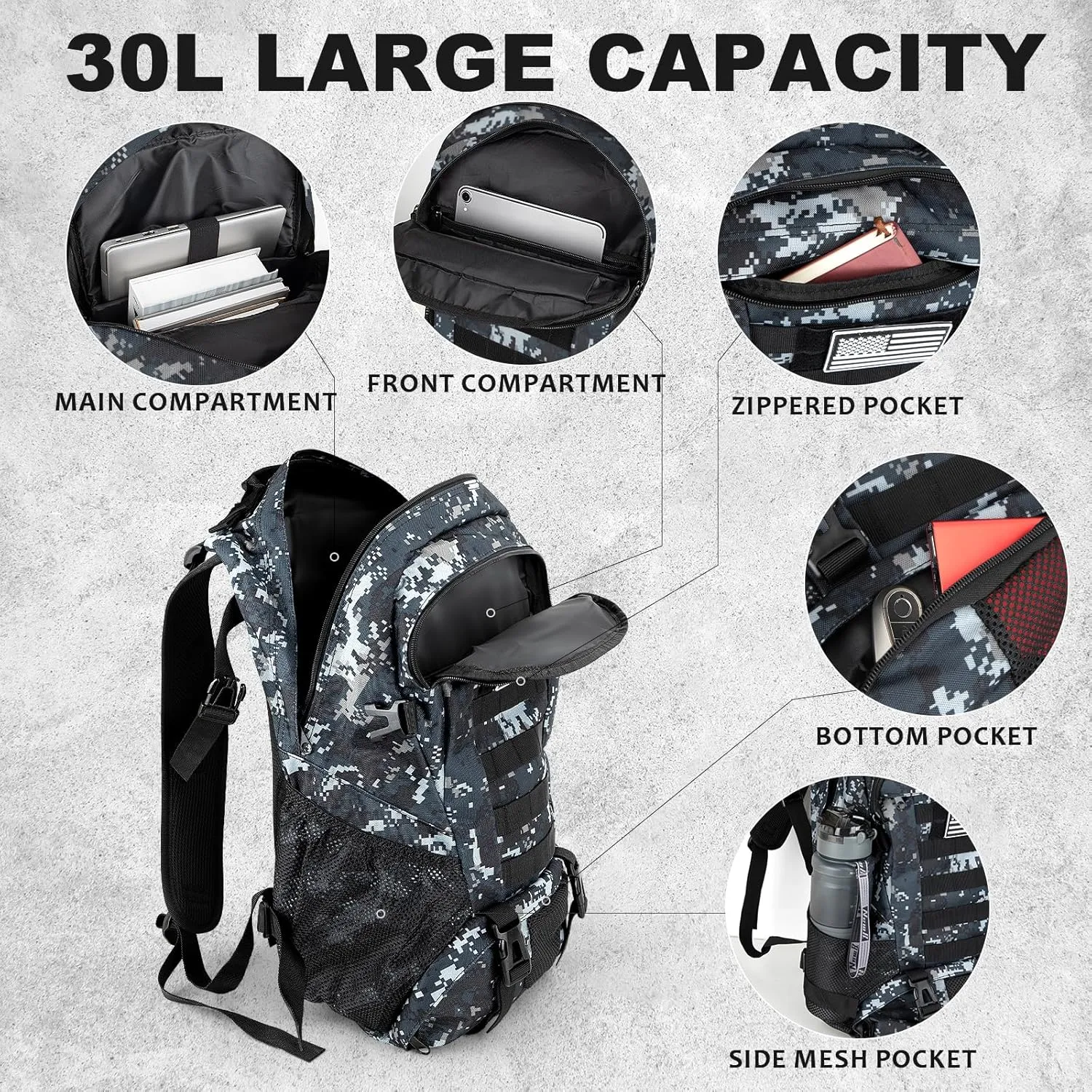 Jueachy Tactical Backpack for Men Hiking Day Pack Molle Military Rucksack Waterproof 30L EDC Bag with USA Flag Patch