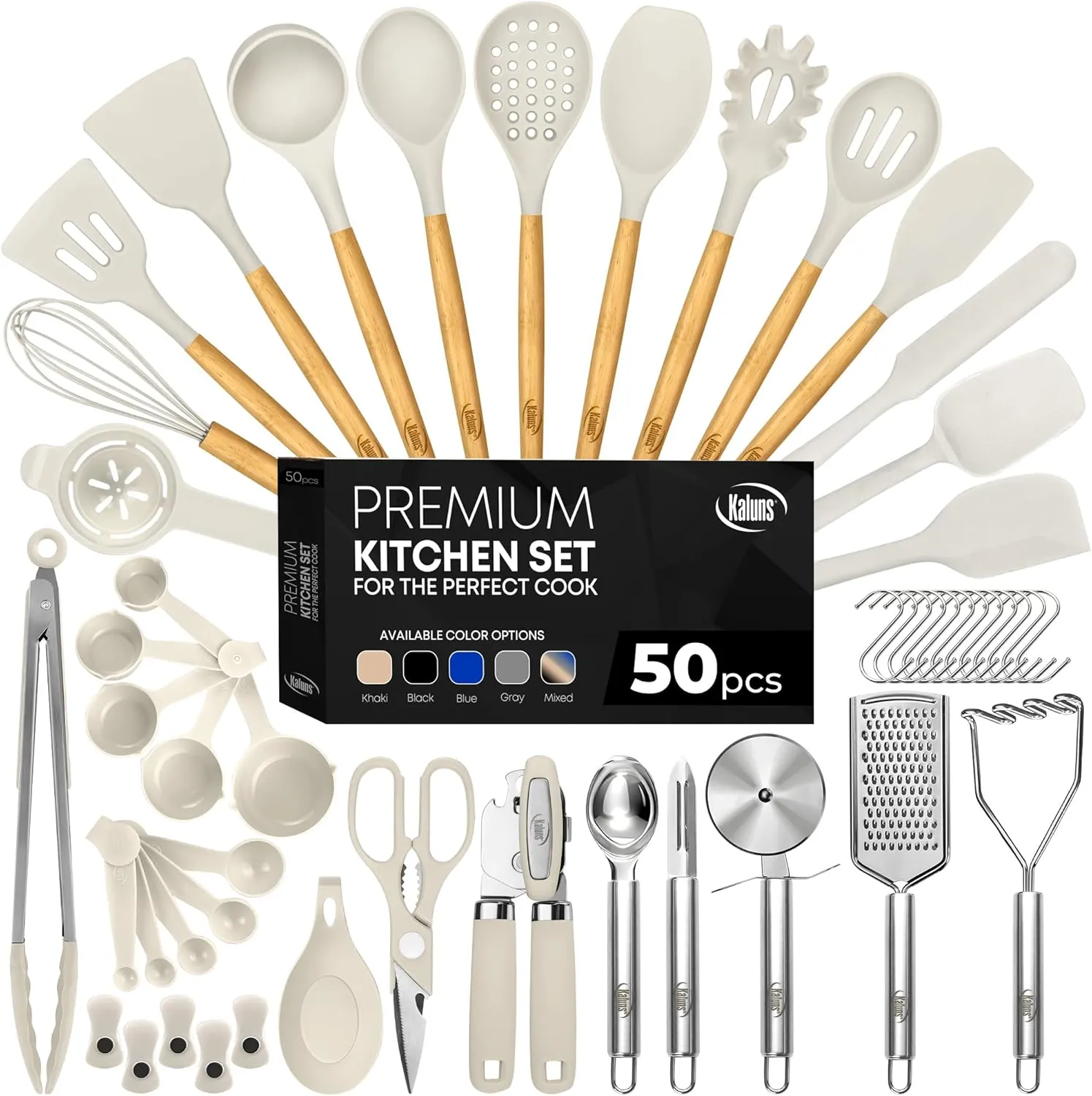 Kaluns 50 PCS Silicone Kitchen Utensils Set - Mothers's Day Gifts For Mom Wife Complete Kitchen Set 800F Heat Resistant Non-Stick Premium Silicone Cooking Utensils W Wooden Handles Gifts For Mothers