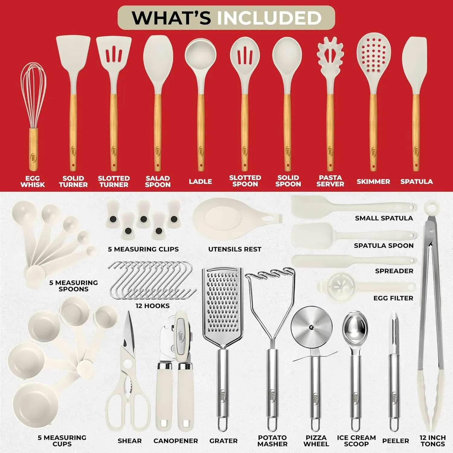 Kaluns 50 PCS Silicone Kitchen Utensils Set - Mothers's Day Gifts For Mom Wife Complete Kitchen Set 800F Heat Resistant Non-Stick Premium Silicone Cooking Utensils W Wooden Handles Gifts For Mothers
