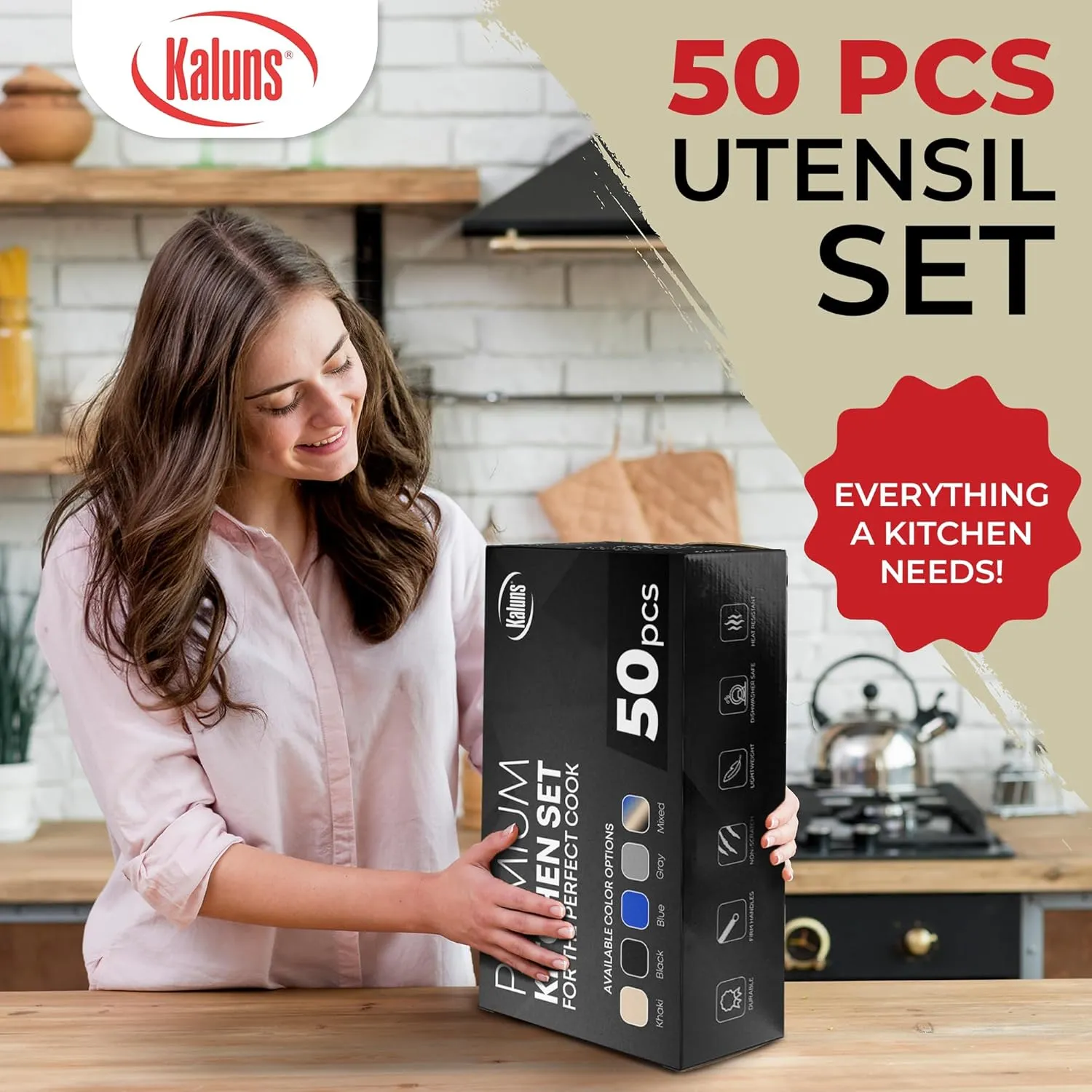 Kaluns 50 PCS Silicone Kitchen Utensils Set - Mothers's Day Gifts For Mom Wife Complete Kitchen Set 800F Heat Resistant Non-Stick Premium Silicone Cooking Utensils W Wooden Handles Gifts For Mothers