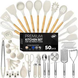 Kaluns 50 PCS Silicone Kitchen Utensils Set - Mothers's Day Gifts For Mom Wife Complete Kitchen Set 800F Heat Resistant Non-Stick Premium Silicone Cooking Utensils W Wooden Handles Gifts For Mothers