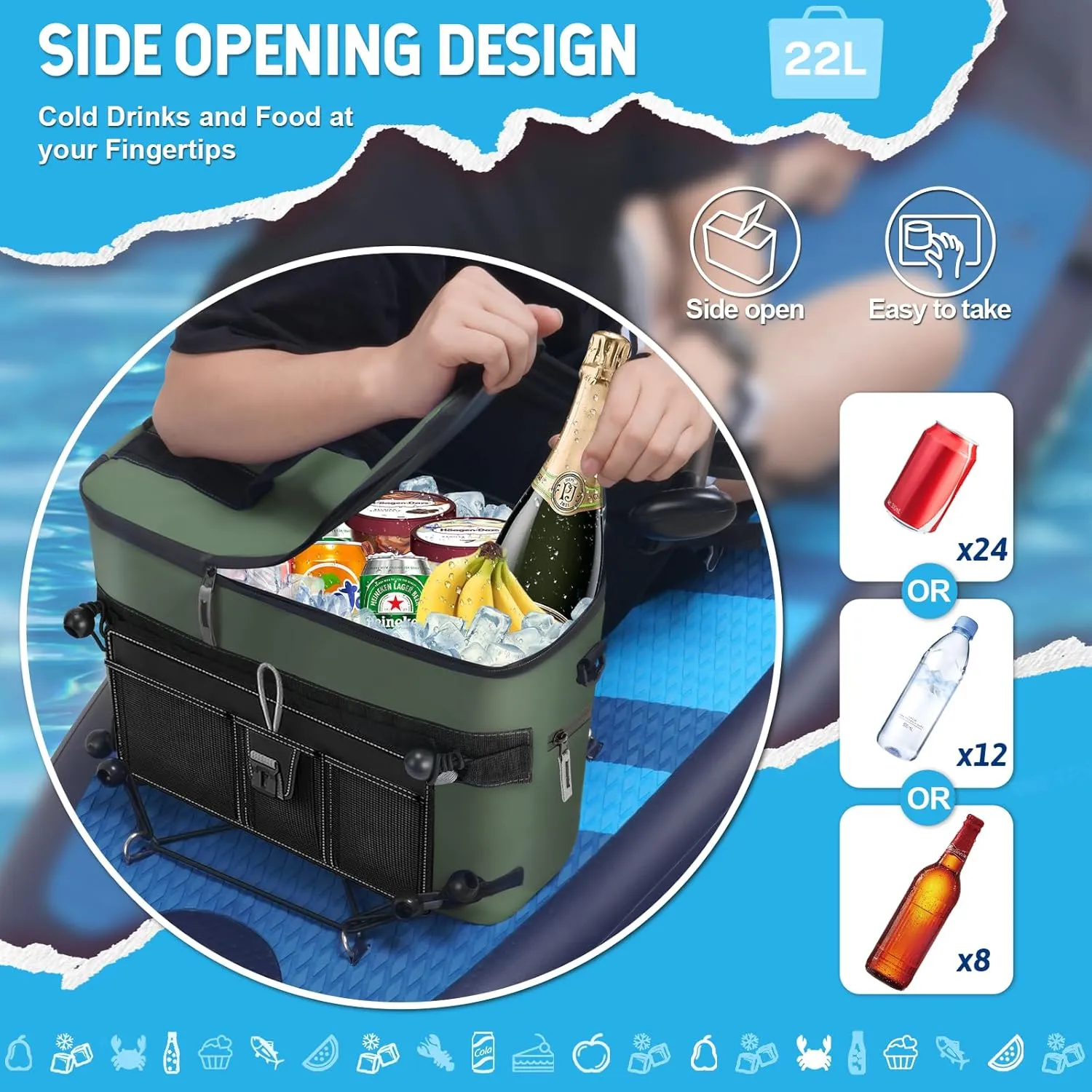 Kayak Cooler, Waterproof Kayak Seat Back Cooler for Kayaks-Chair Style Seats, Kayak Accessories Cooler Bag, Portable Ice Chest Cooler for Kayaking, Travel, Camping, Beach, Picnic (Military Green)