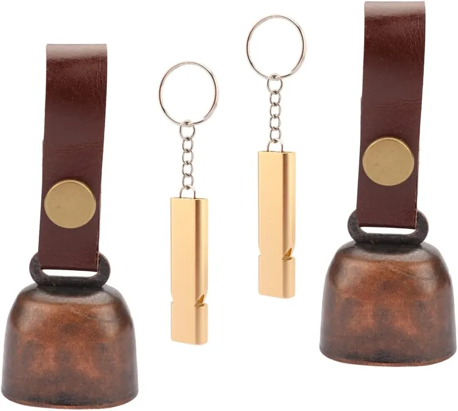 kcrygogo Loud Bear Bells with Leather Button Strap and Emergency Whistle for Survival, Hiking, Biking, Fishing, Climbing2sets