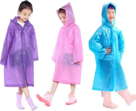Kids Rain Ponchos, 3 Packs Portable Reusable Emergency Raincoats for 6-12 Years Old for Camping Hiking Traveling Backpacking