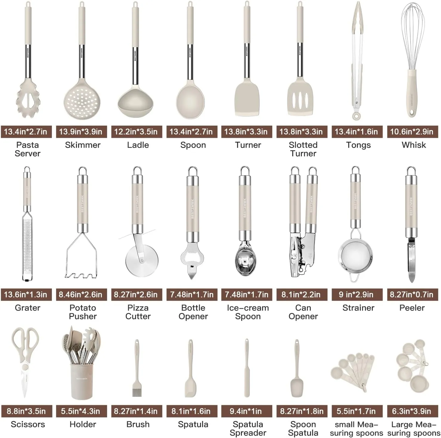 Kitchen Utensils Set-Silicone Cooking Utensils-33pcs Non-Stick Silicone Cooking Kitchen Utensils Spatula Set with Holder-Best Kitchen Cookware with Stainless Steel Handle (Khaki)