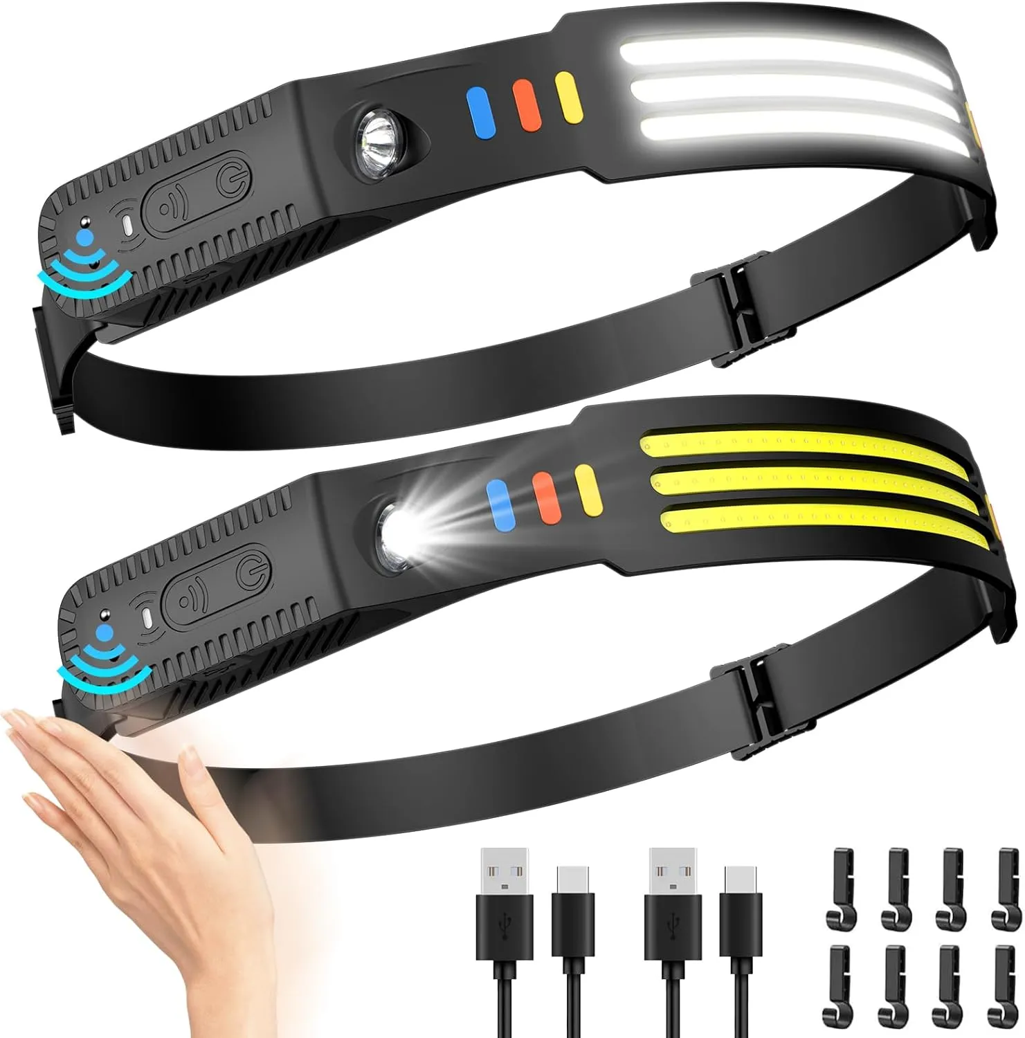 Lsnisni Headlamp Rechargeable 2Pack, 230Wide Beam Head Lamp LED, Head Flashlight with Motion Sensor, 5 Mode Head Lights for Forehead, Waterproof Headlamps for Adults Hiking Camping Gear