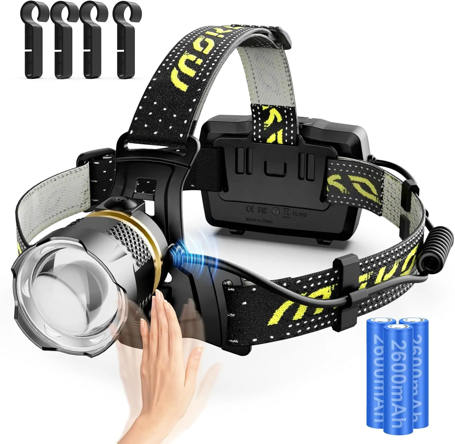 MoKo Rechargeable Headlamp 90000LM, 40H Long Lasting Battery Powered, 7 Modes Headlight with Motion Sensor, IP68 Waterproof 90 Adjustable Head Lamp, Zoomable Led Headlamp for Running Camping