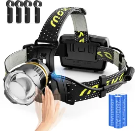 MoKo Rechargeable Headlamp 90000LM, 40H Long Lasting Battery Powered, 7 Modes Headlight with Motion Sensor, IP68 Waterproof 90 Adjustable Head Lamp, Zoomable Led Headlamp for Running Camping