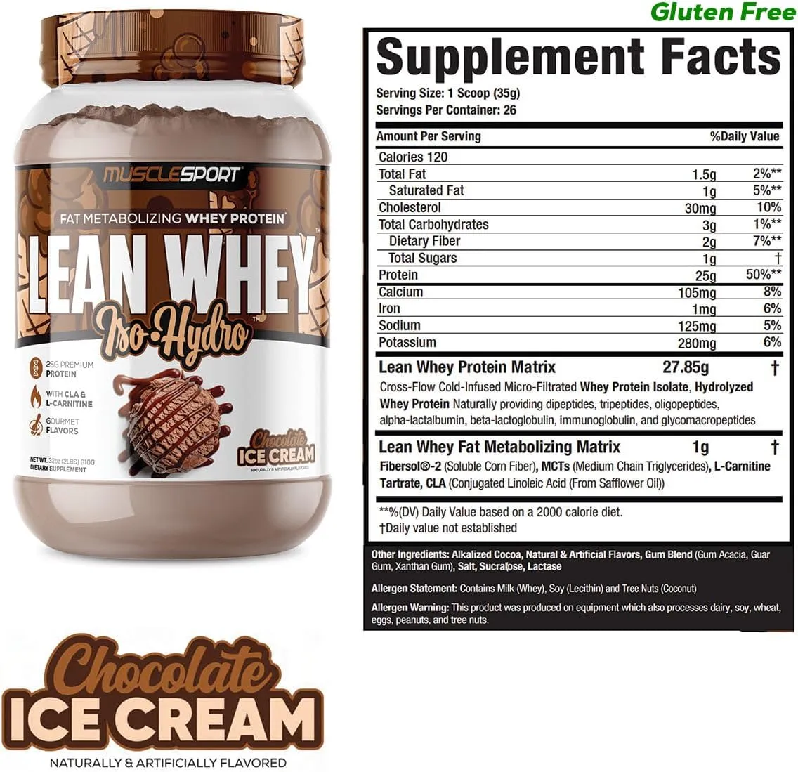Musclesport Lean Whey Revolution Protein Powder - Whey Protein Isolate - Low Calorie, Low Carb, Low Fat, Incredible Flavors - 25g Protein per Scoop - 2lb Chocolate Ice Cream