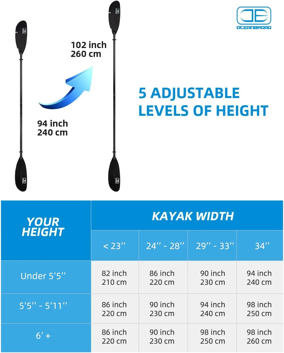 OCEANBROAD Adjustable Fishing Kayak Paddle - 94in/240cm-98in/250cm-102in/260cm Aluminum Alloy Shaft with Paddle Leash