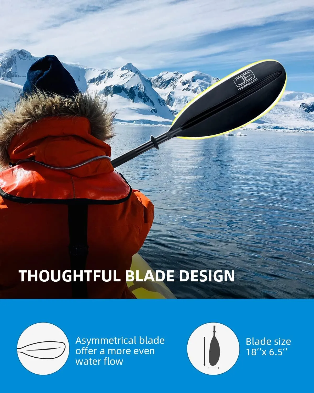OCEANBROAD Kayak Paddle 86in/218cm, 90.5in/230cm, 95in/241cm Alloy Shaft Kayaking Boating Canoeing Oar with Paddle Leash
