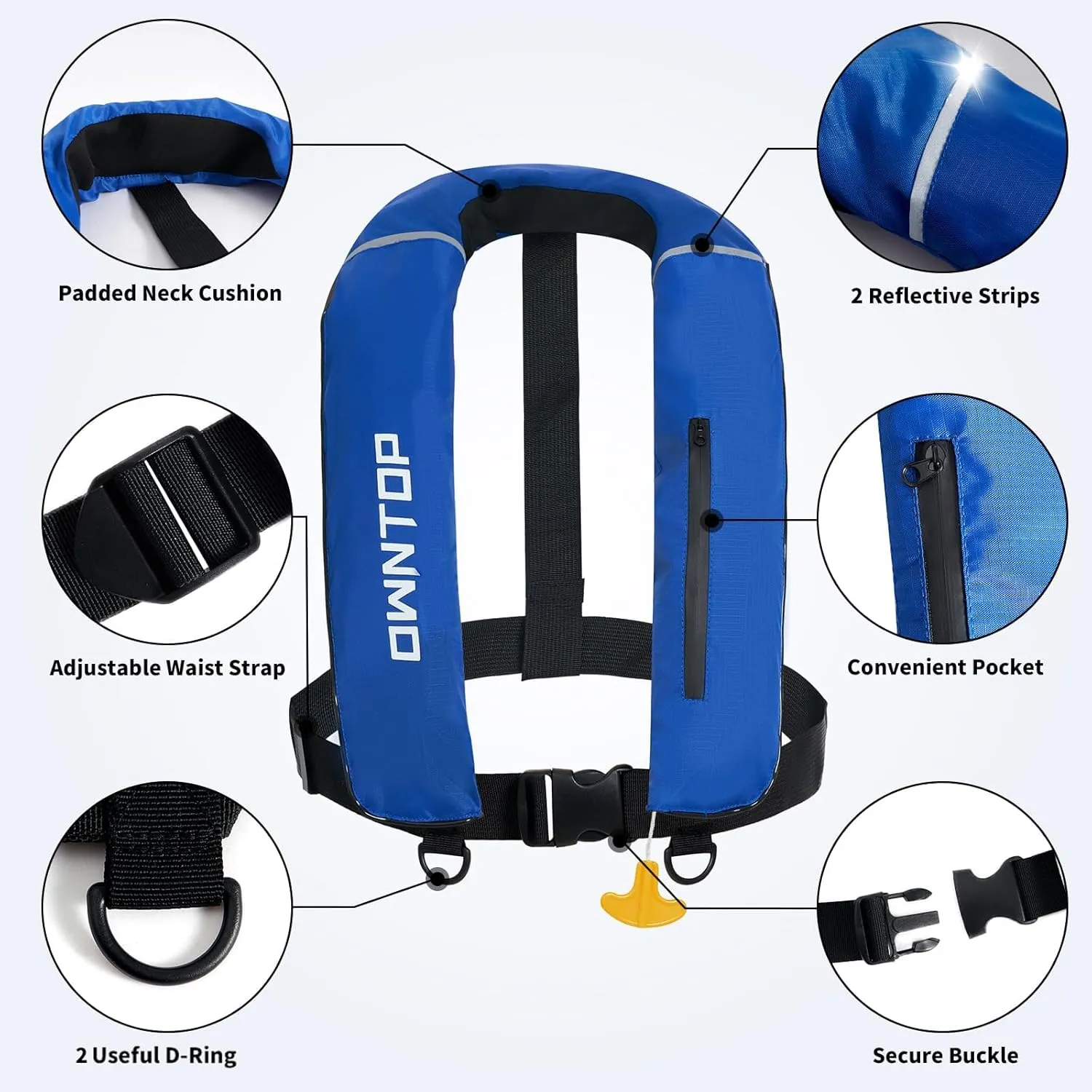 Owntop Inflatable Swim Vest Manual, Soft Padded Neckline, Secure Reflective Tapes, 24g CO2 Cartridge Included, Lightweight for Kayak, Fishing, Paddle Sports