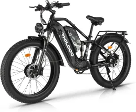 PHILODO Electric Bike for Adults, Dual Motor 3000W Peak Fat Tire Ebike Dual Battery Electric Bicycles 46AH with Full Suspension 26inch Dirt Bike for Off-Road Mountain Snow 100 Miles