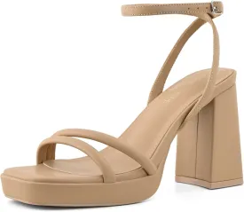 Platform Heels for Women Block Chunky Strappy Heels Square Toe Ankle Buckle Sandals