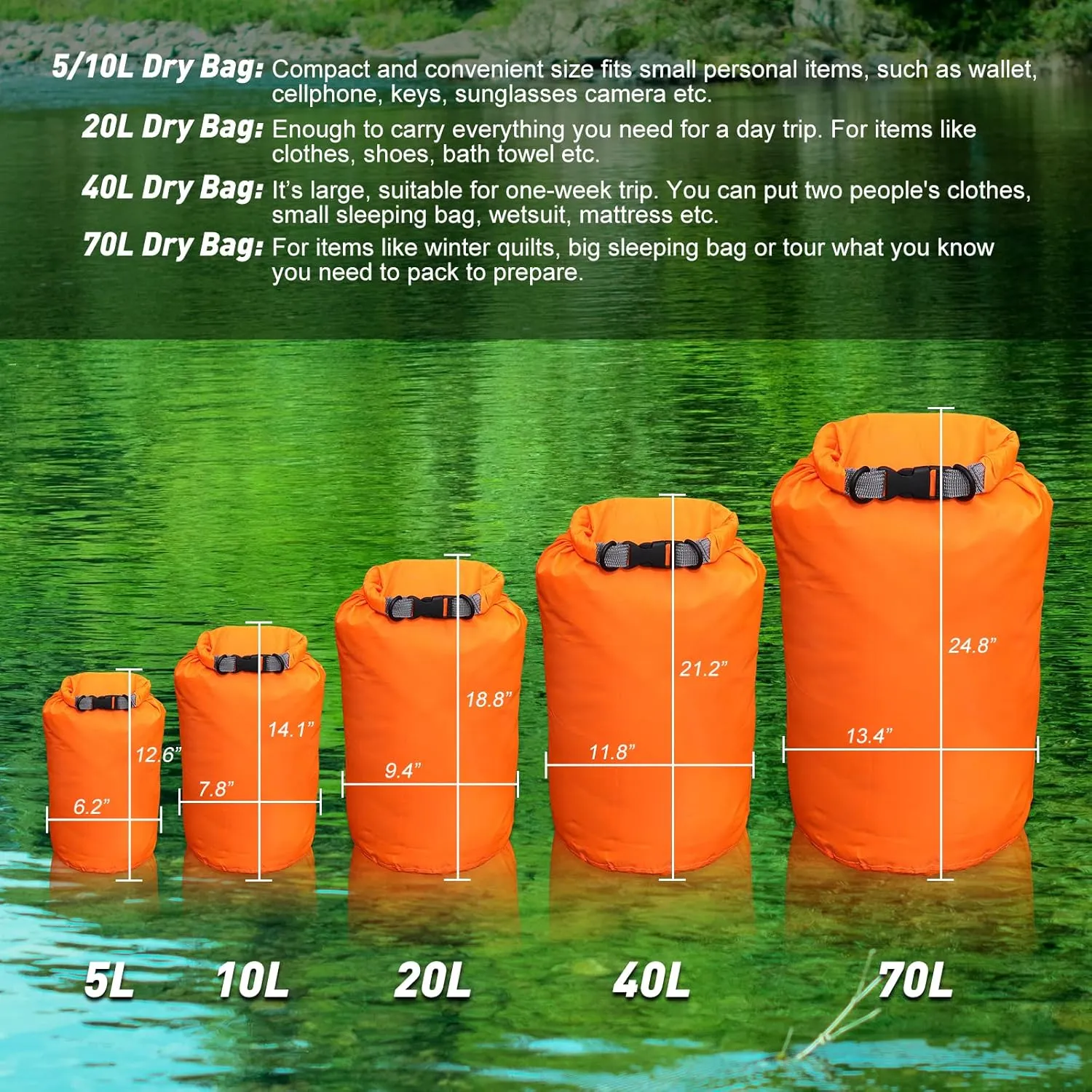 R2Depot Waterproof Dry Bag, 5L/10L/20L/40L/70L Dry Storage Bag for Kayaking, Gym, Hiking, Swimming (Orange, 5L)