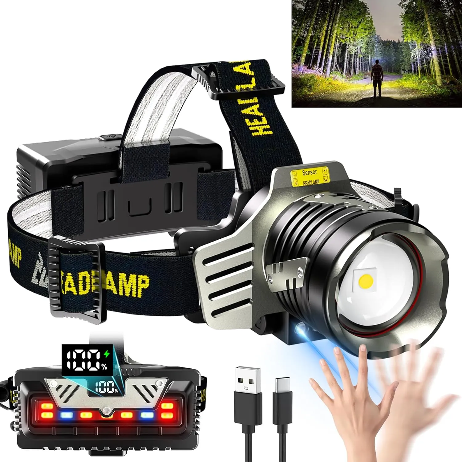 Rechargeable Headlamp, 5000 LM Super Bright Head lamp, 9 Mode, Motion Sensor, Digital Display, Led Headlamps with Red Light, Headlamp Battery Powered for Camping, Running