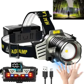 Rechargeable Headlamp, 5000 LM Super Bright Head lamp, 9 Mode, Motion Sensor, Digital Display, Led Headlamps with Red Light, Headlamp Battery Powered for Camping, Running