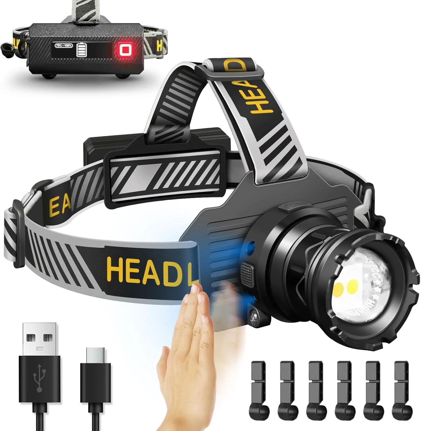 Rechargeable LED Headlamp, Super Bright 150000LM Headlamp Flashlight with Motion Sensor, 90 Adjustable Zoomable Waterproof Head Lights for Forehead, Headlamps for Camping Hiking Fishing Hardhat