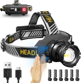 Rechargeable LED Headlamp, Super Bright 150000LM Headlamp Flashlight with Motion Sensor, 90 Adjustable Zoomable Waterproof Head Lights for Forehead, Headlamps for Camping Hiking Fishing Hardhat