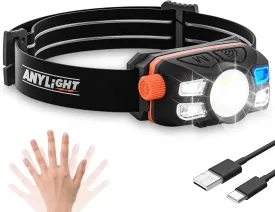 Rechargeable LED Headlamp with Stepless Dimming and Motion Sensor, IP65 Waterproof Headlight for Repairing, Running, Camping, Hiking(1 Pack)