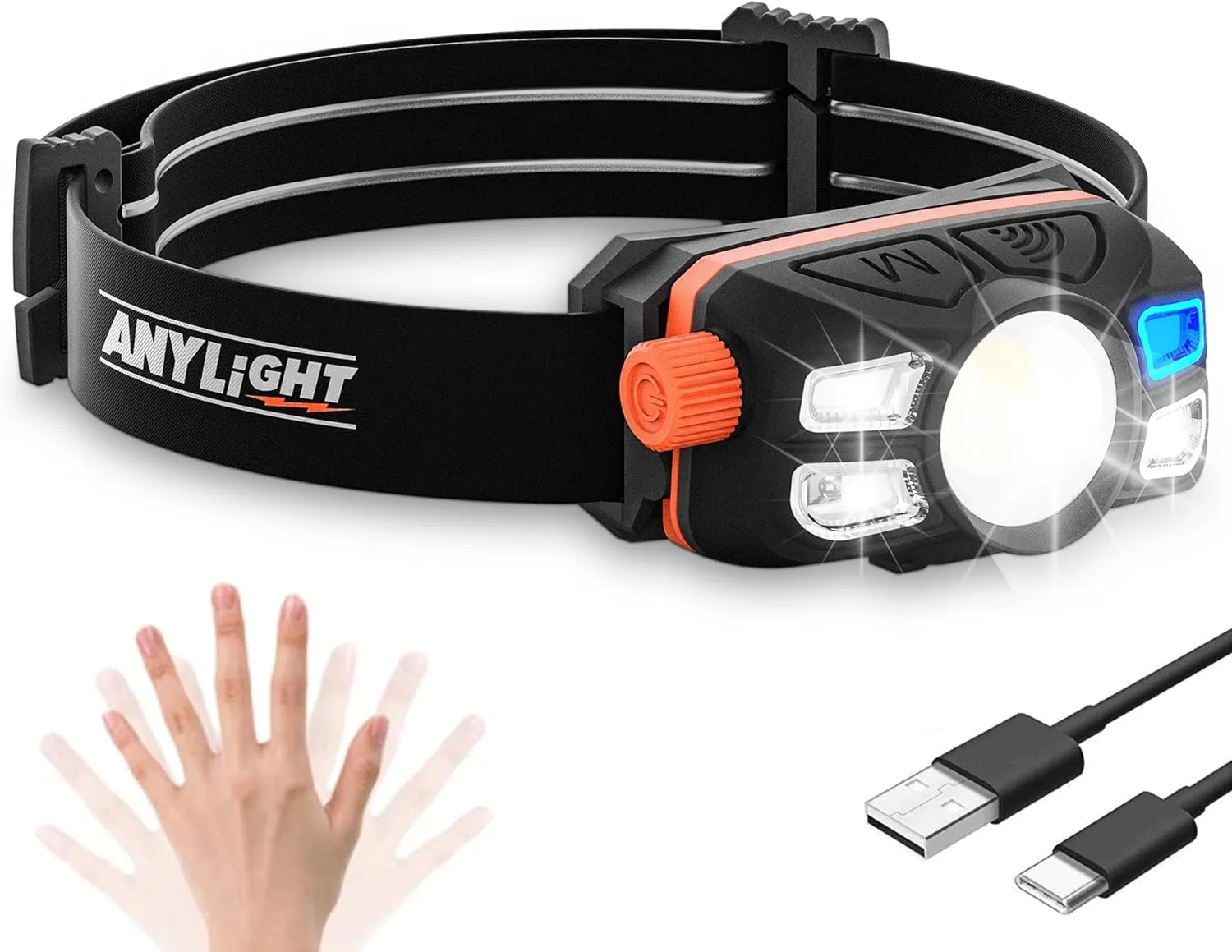 Rechargeable LED Headlamp with Stepless Dimming and Motion Sensor, IP65 Waterproof Headlight for Repairing, Running, Camping, Hiking(1 Pack)