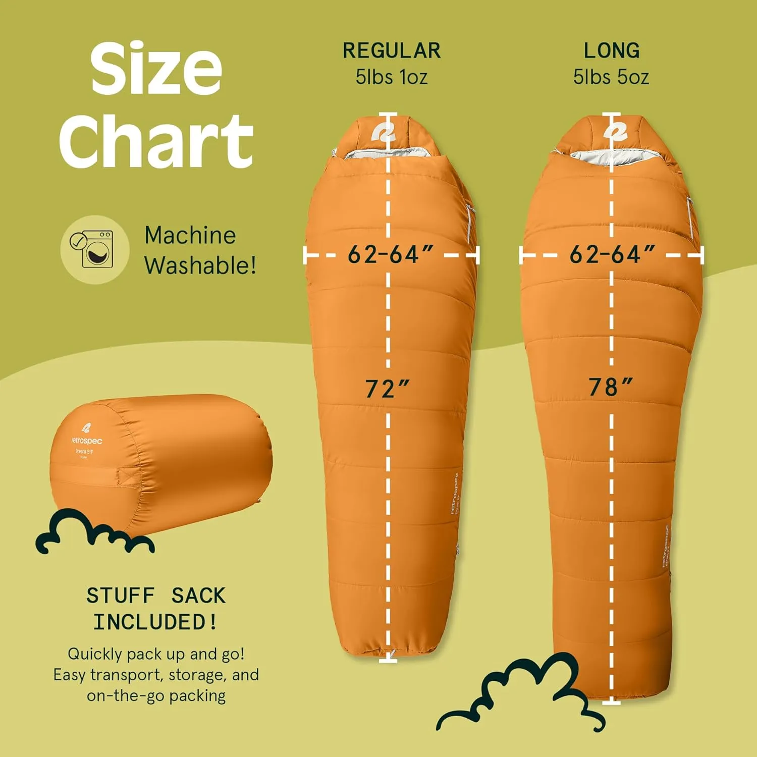 Retrospec Dream Sleeping Bag - 5, 15, 30 Mummy for Camping, Insulated Cold Weather, Lightweight Stuff Sack, Water-Resistant, Adjustable Draw Cords, Adult