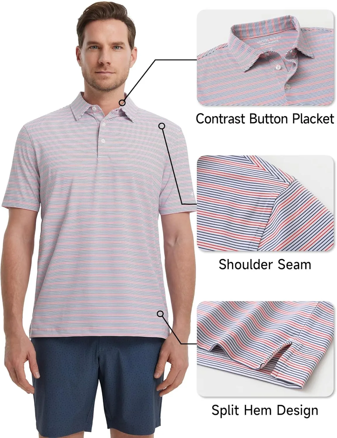 Rouen Men's Polo Shirts Short Sleeve Dry Fit Performance Wicking Moisture Causal Striped Collared Golf Shirts for Men