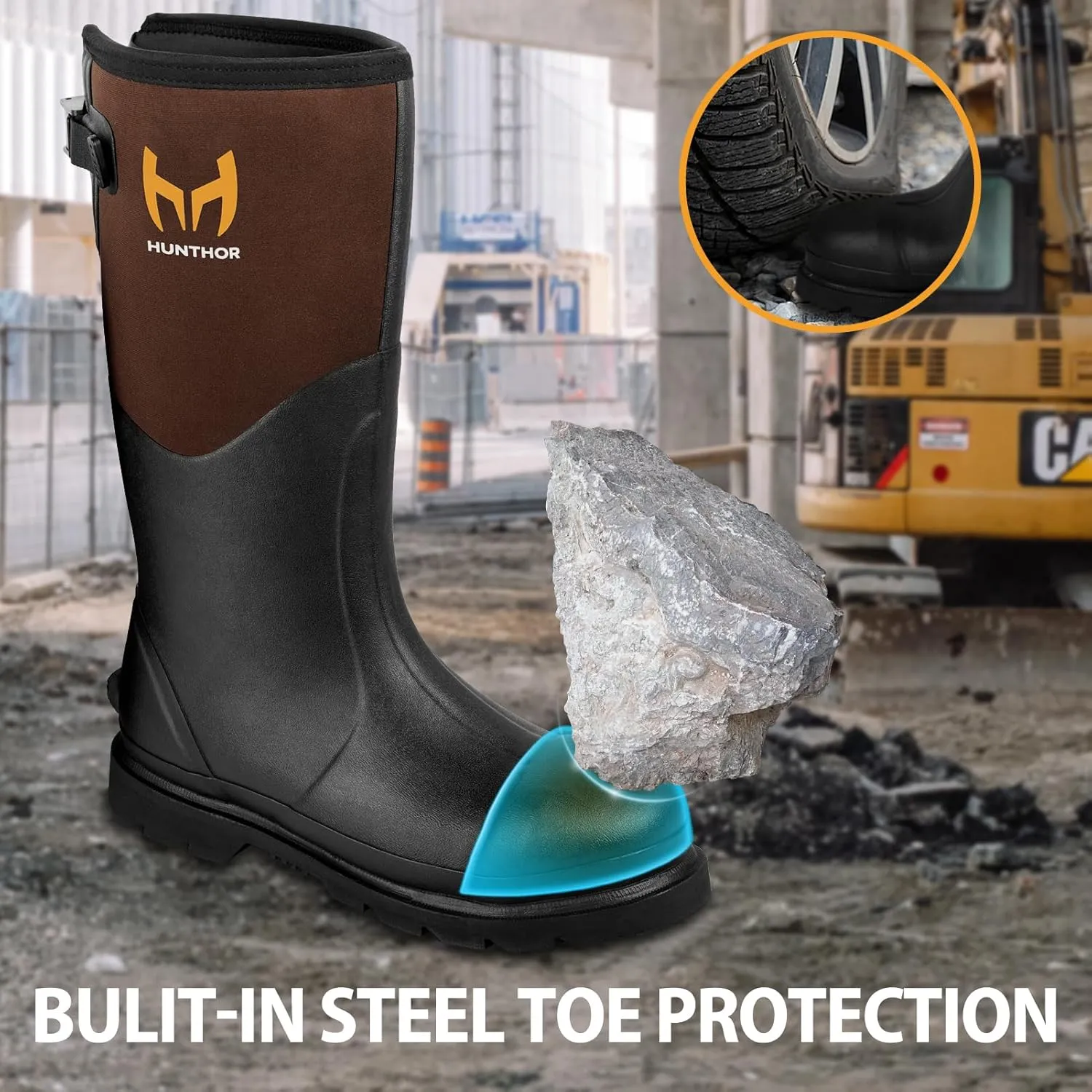 Rubber Work Boots, Puncture-Proof with Steel Toe & Shank, Waterproof Insulated 6mm Neoprene Hunting Boots for Farming, Construction, Gardening, Fishing, Outdoor Work (Size 6-14)