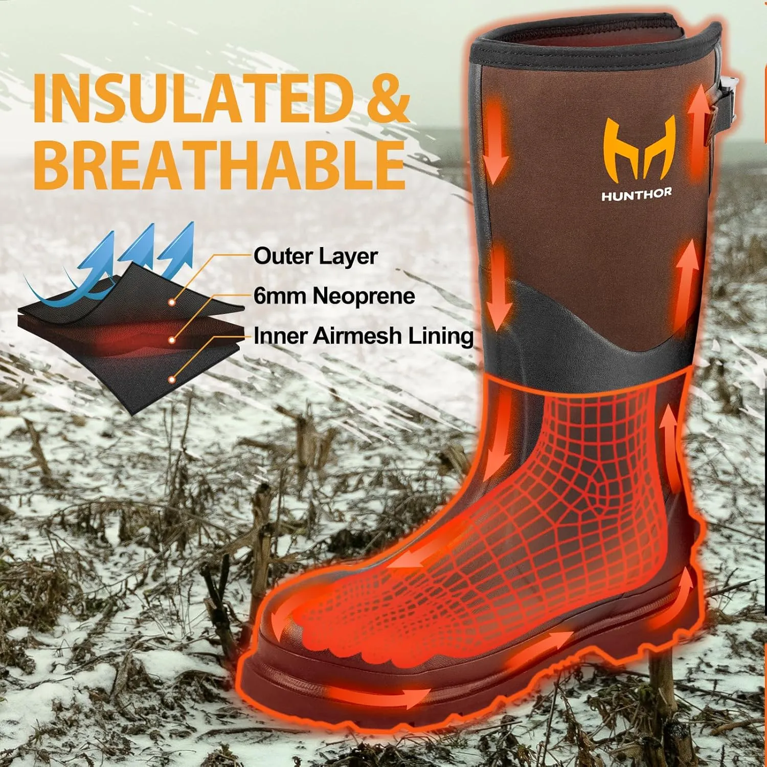Rubber Work Boots, Puncture-Proof with Steel Toe & Shank, Waterproof Insulated 6mm Neoprene Hunting Boots for Farming, Construction, Gardening, Fishing, Outdoor Work (Size 6-14)