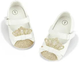 Sawimlgy Baby Girls Mary Jane Sequins Crown Flats PU Leather Wedding Party Princess Ballet Shoe Infant Rubber Sole Prewalker Toddler First Crib Shoes