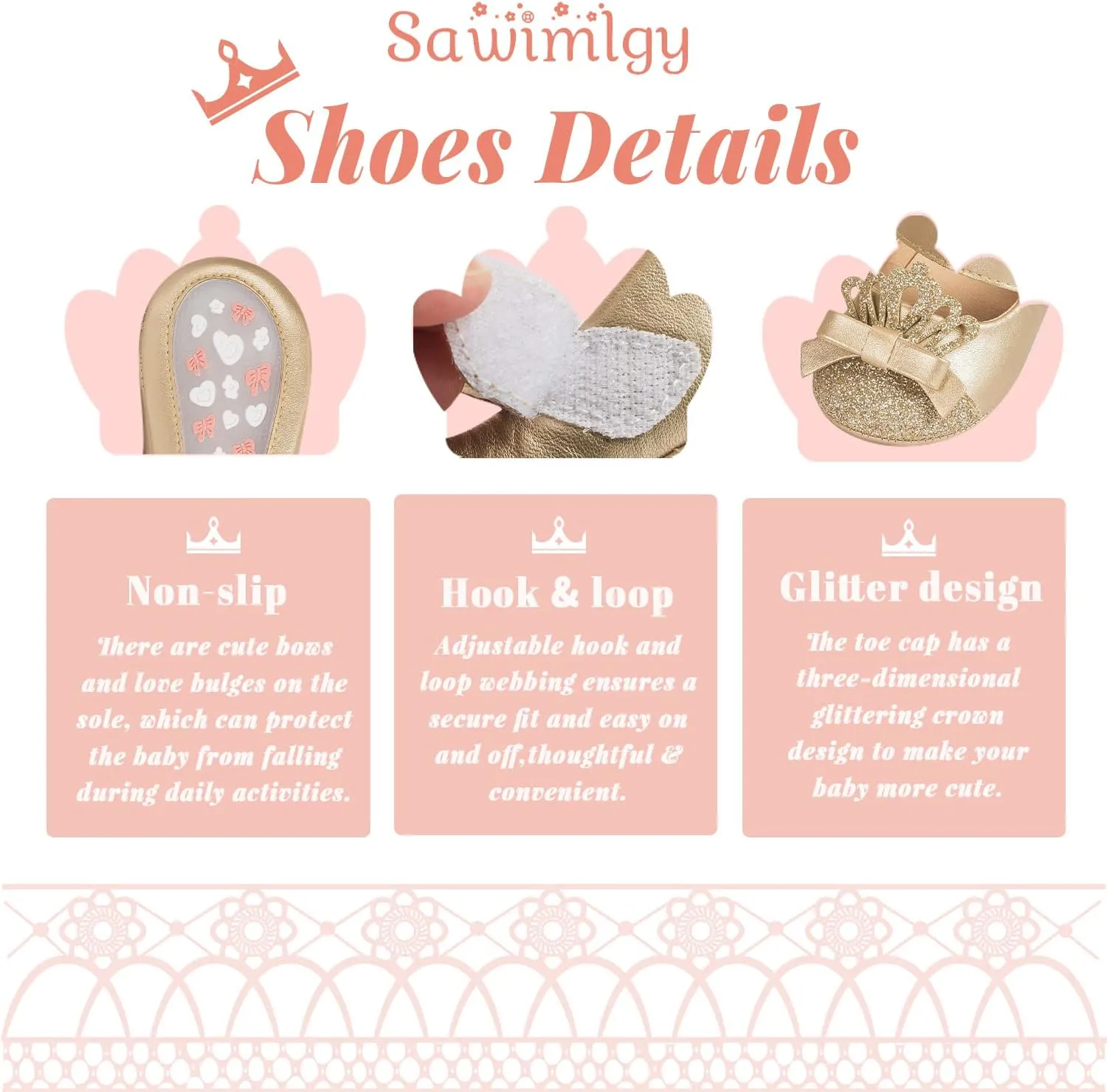 Sawimlgy Baby Girls Mary Jane Sequins Crown Flats PU Leather Wedding Party Princess Ballet Shoe Infant Rubber Sole Prewalker Toddler First Crib Shoes
