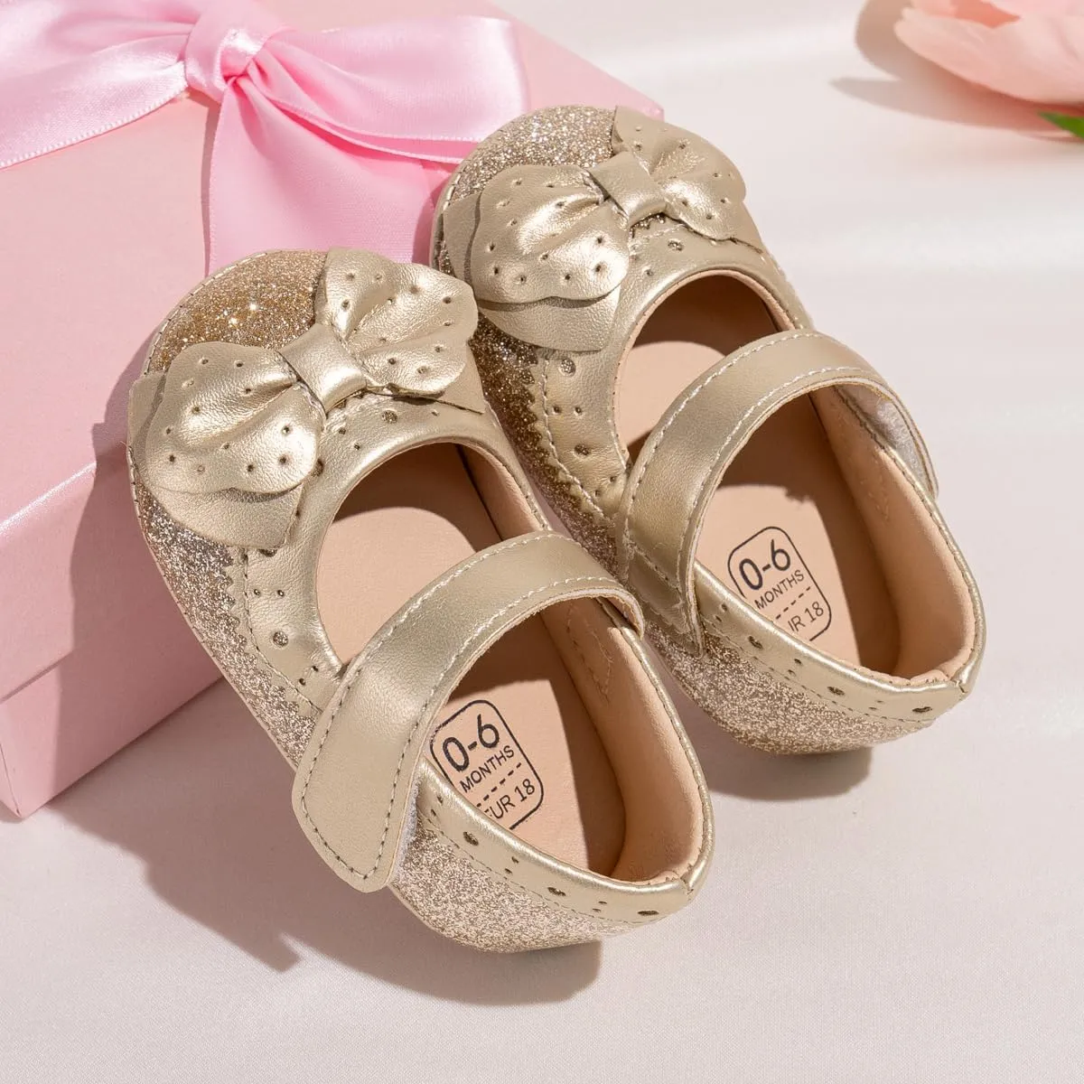 Sawimlgy Baby Girls Mary Jane Sequins Crown Flats PU Leather Wedding Party Princess Ballet Shoe Infant Rubber Sole Prewalker Toddler First Crib Shoes