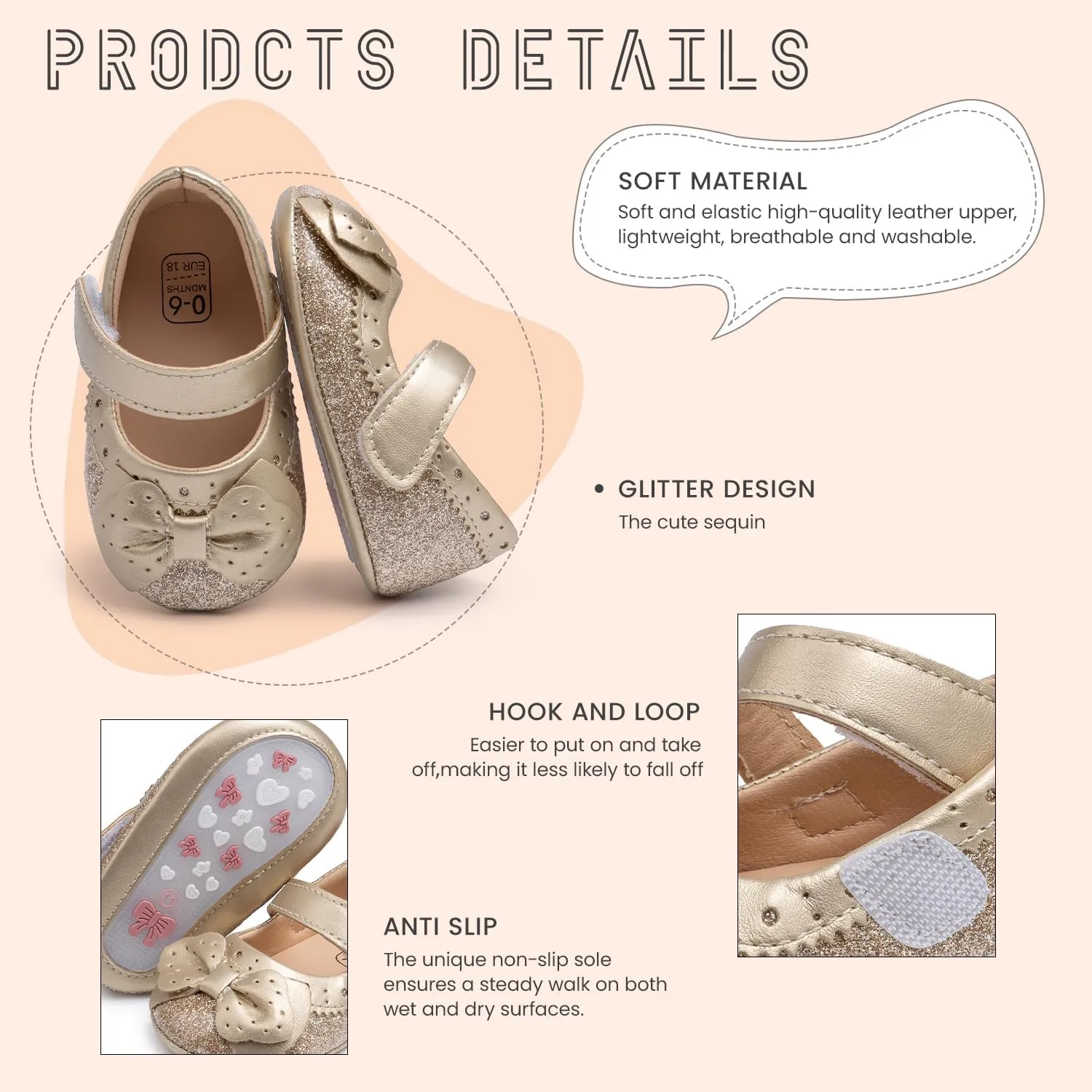 Sawimlgy Baby Girls Mary Jane Sequins Crown Flats PU Leather Wedding Party Princess Ballet Shoe Infant Rubber Sole Prewalker Toddler First Crib Shoes