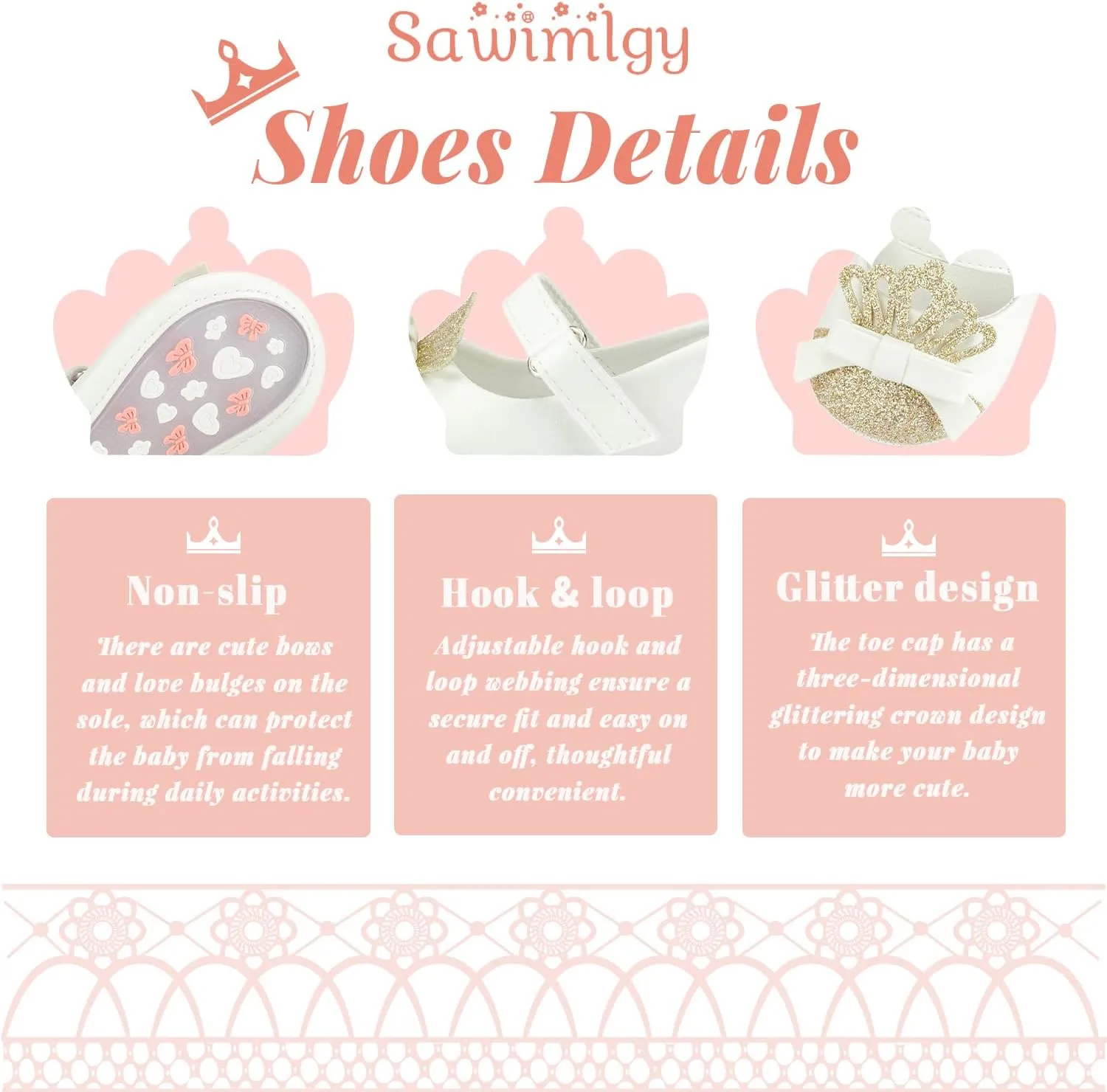 Sawimlgy Baby Girls Mary Jane Sequins Crown Flats PU Leather Wedding Party Princess Ballet Shoe Infant Rubber Sole Prewalker Toddler First Crib Shoes