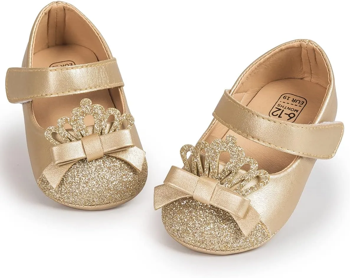 Sawimlgy Baby Girls Mary Jane Sequins Crown Flats PU Leather Wedding Party Princess Ballet Shoe Infant Rubber Sole Prewalker Toddler First Crib Shoes