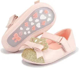 Sawimlgy Baby Girls Mary Jane Sequins Crown Flats PU Leather Wedding Party Princess Ballet Shoe Infant Rubber Sole Prewalker Toddler First Crib Shoes