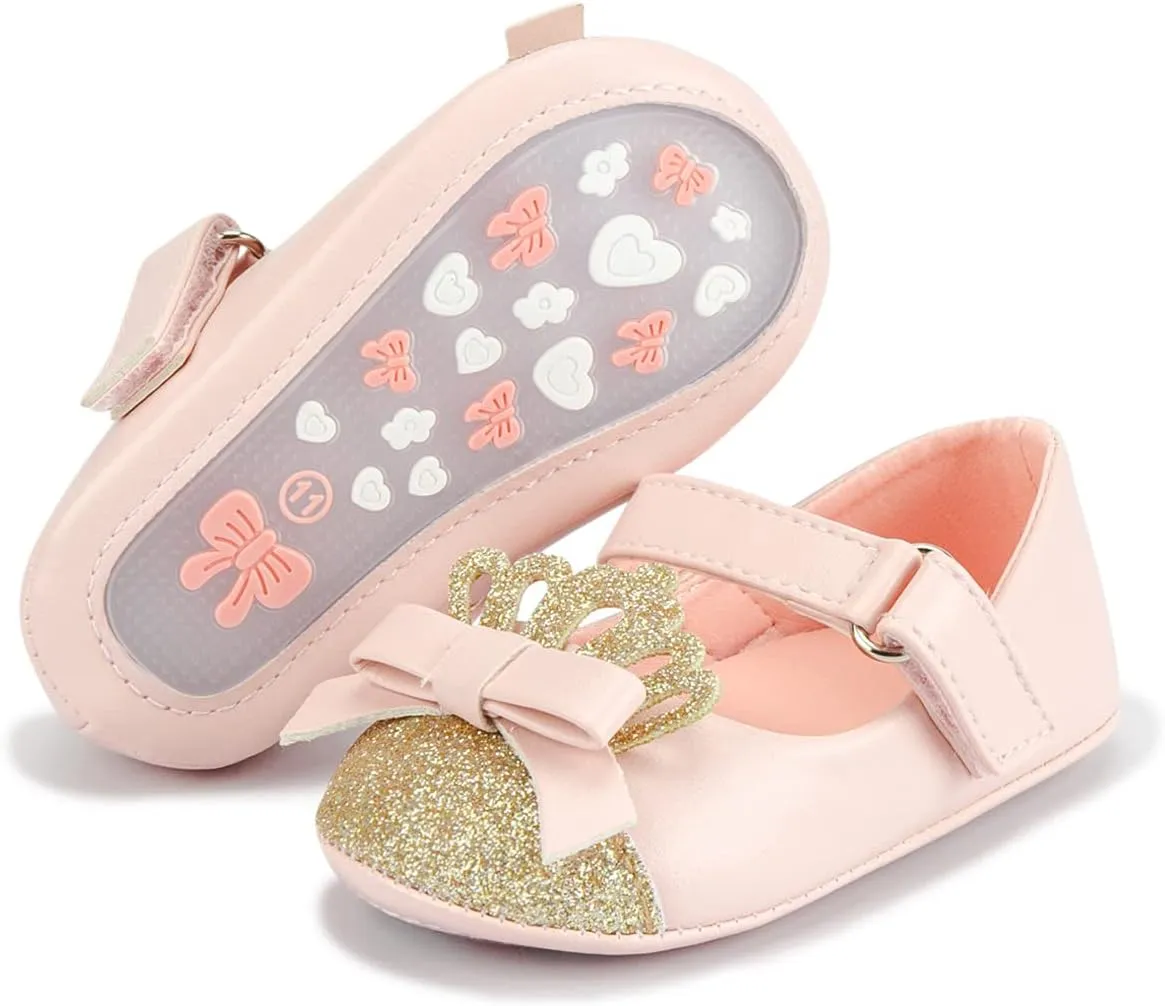 Sawimlgy Baby Girls Mary Jane Sequins Crown Flats PU Leather Wedding Party Princess Ballet Shoe Infant Rubber Sole Prewalker Toddler First Crib Shoes