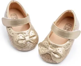 Sawimlgy Baby Girls Mary Jane Sequins Crown Flats PU Leather Wedding Party Princess Ballet Shoe Infant Rubber Sole Prewalker Toddler First Crib Shoes