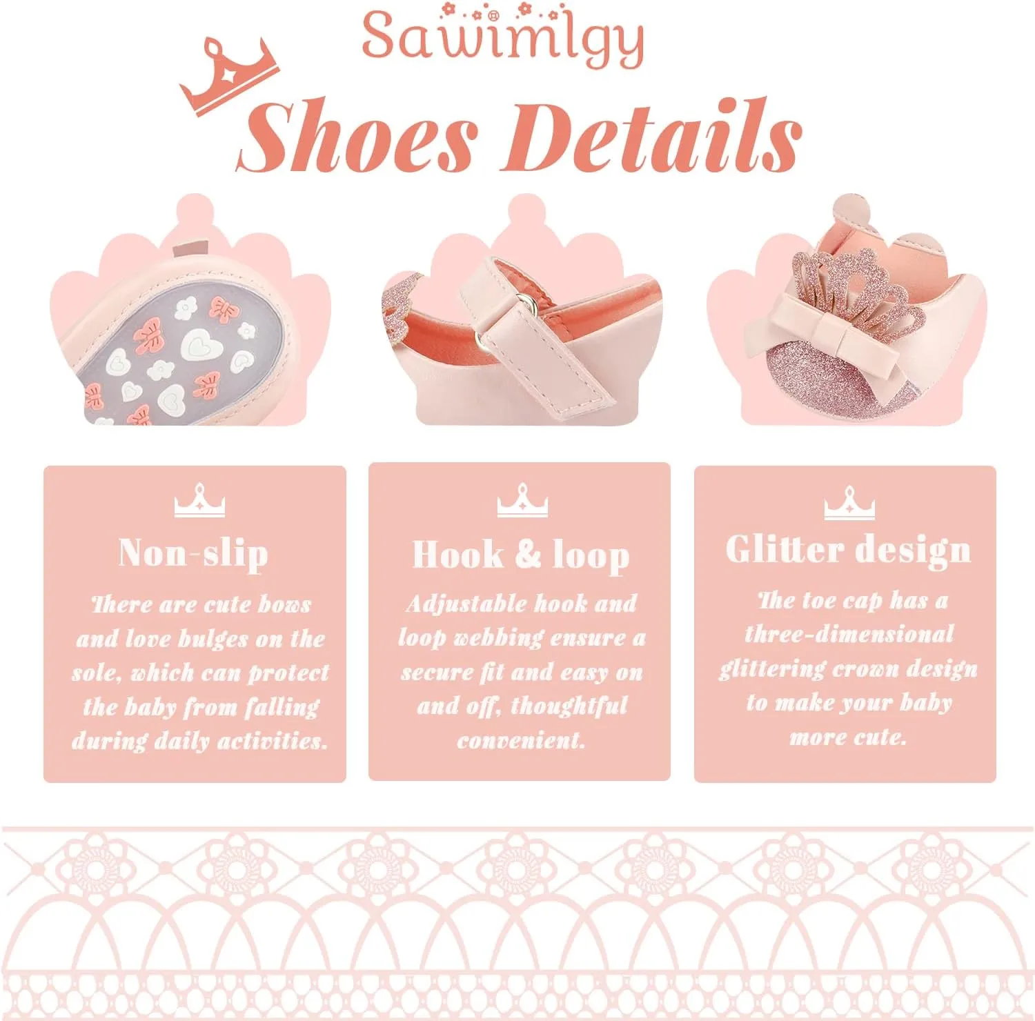 Sawimlgy Baby Girls Mary Jane Sequins Crown Flats PU Leather Wedding Party Princess Ballet Shoe Infant Rubber Sole Prewalker Toddler First Crib Shoes