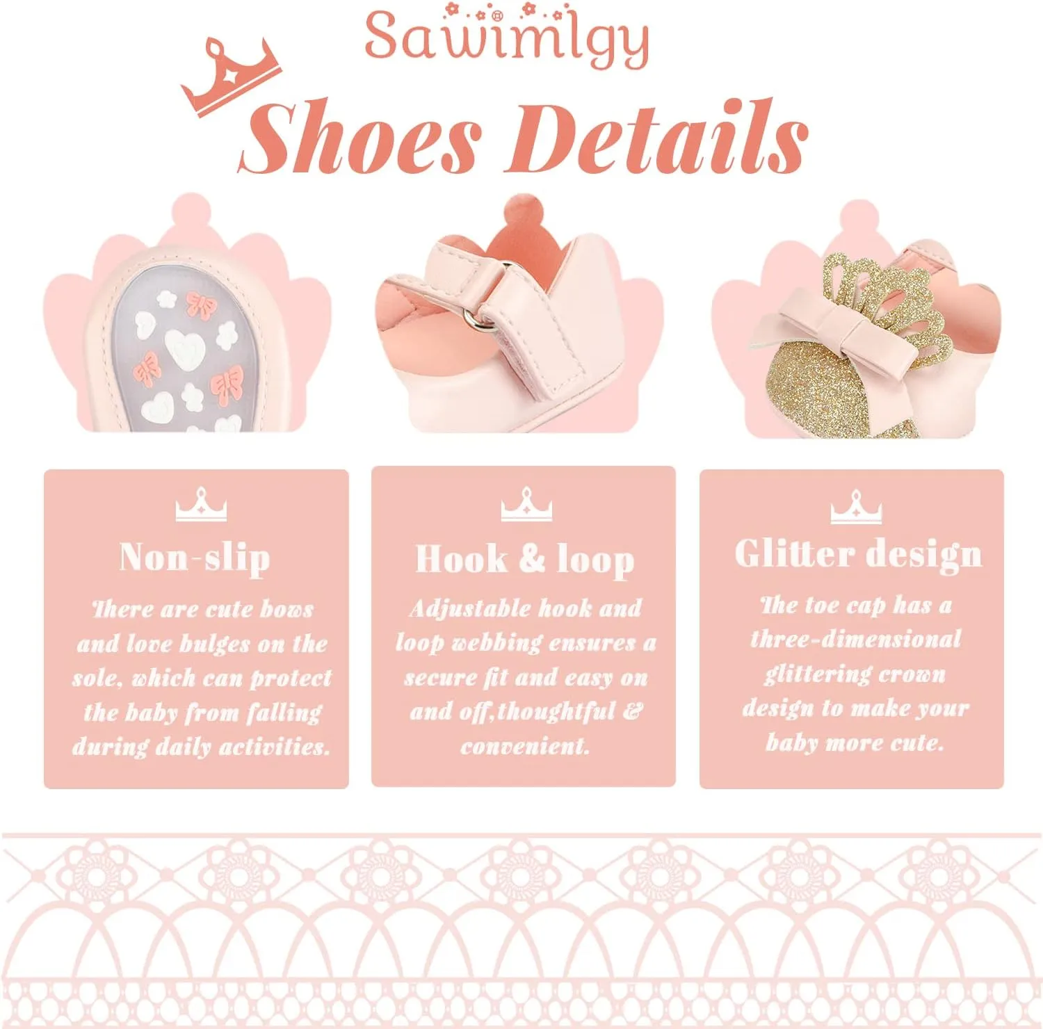 Sawimlgy Baby Girls Mary Jane Sequins Crown Flats PU Leather Wedding Party Princess Ballet Shoe Infant Rubber Sole Prewalker Toddler First Crib Shoes