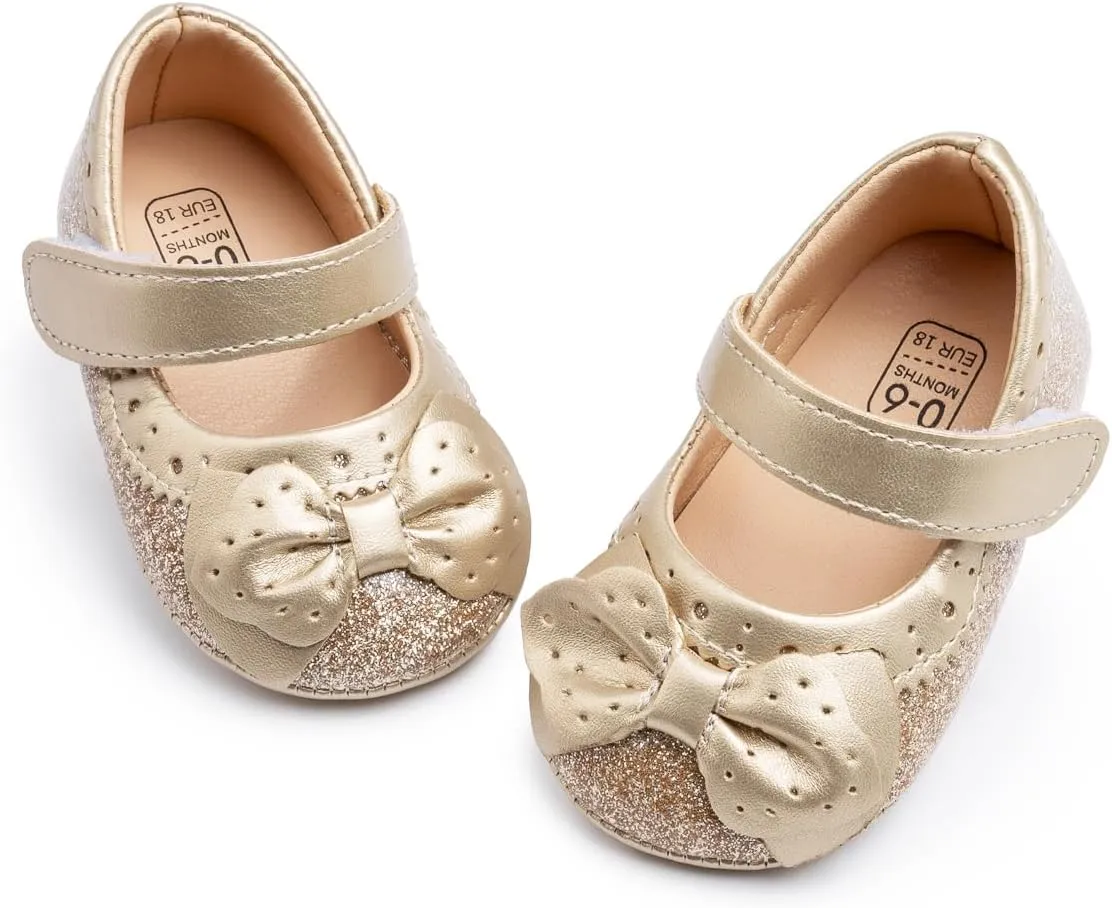 Sawimlgy Baby Girls Mary Jane Sequins Crown Flats PU Leather Wedding Party Princess Ballet Shoe Infant Rubber Sole Prewalker Toddler First Crib Shoes