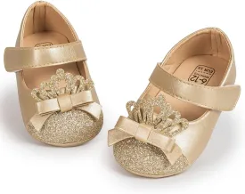 Sawimlgy Baby Girls Mary Jane Sequins Crown Flats PU Leather Wedding Party Princess Ballet Shoe Infant Rubber Sole Prewalker Toddler First Crib Shoes