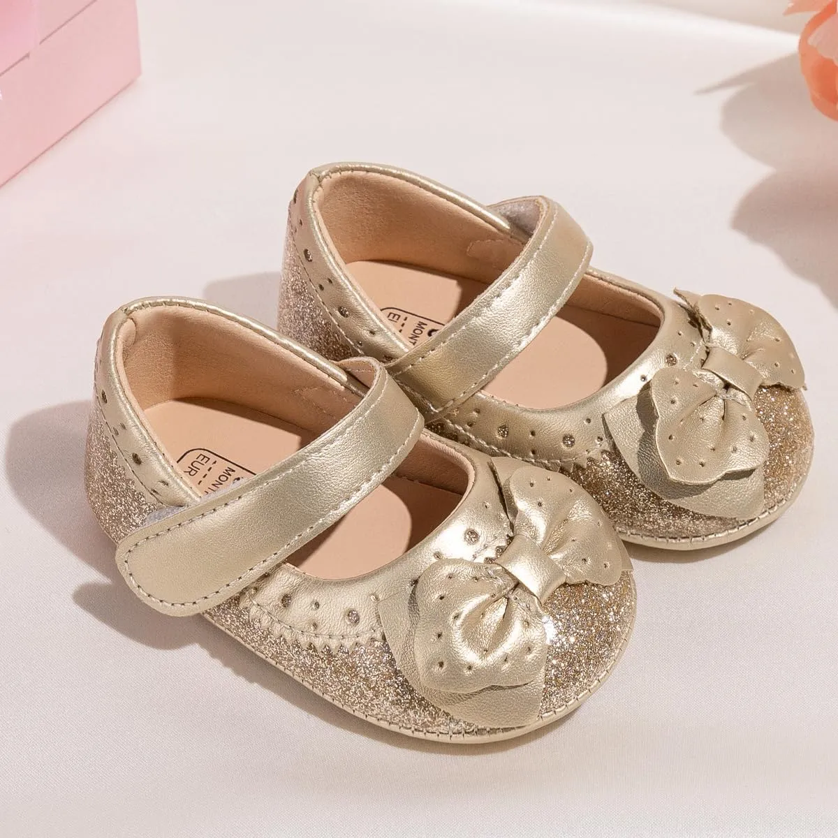 Sawimlgy Baby Girls Mary Jane Sequins Crown Flats PU Leather Wedding Party Princess Ballet Shoe Infant Rubber Sole Prewalker Toddler First Crib Shoes