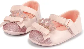 Sawimlgy Baby Girls Mary Jane Sequins Crown Flats PU Leather Wedding Party Princess Ballet Shoe Infant Rubber Sole Prewalker Toddler First Crib Shoes