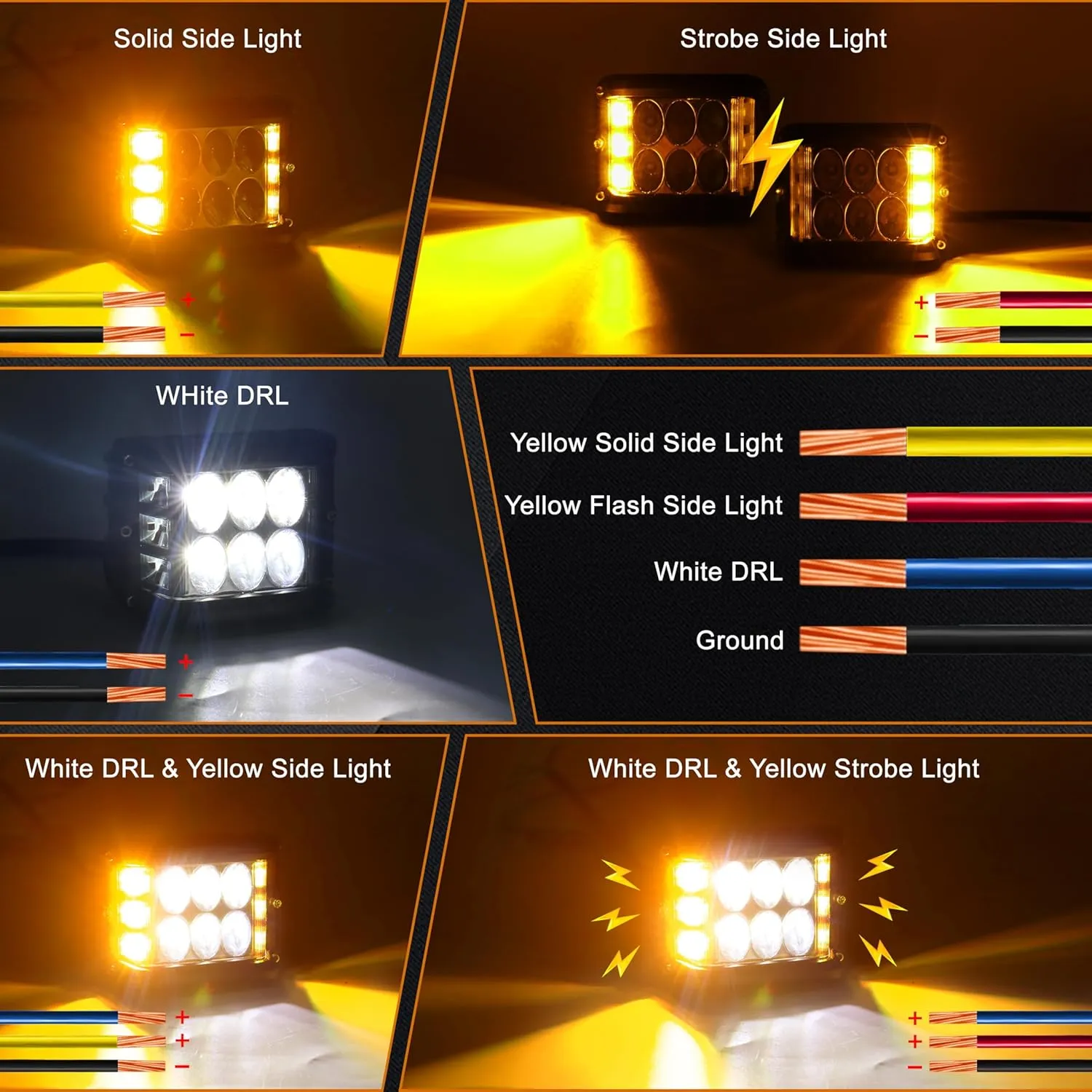 Side Shooter Pod Lights 4 Inch Dual Side Yellow Strobe LED Cube for Farm Tractor Plow Truck ATV UTV Offroad